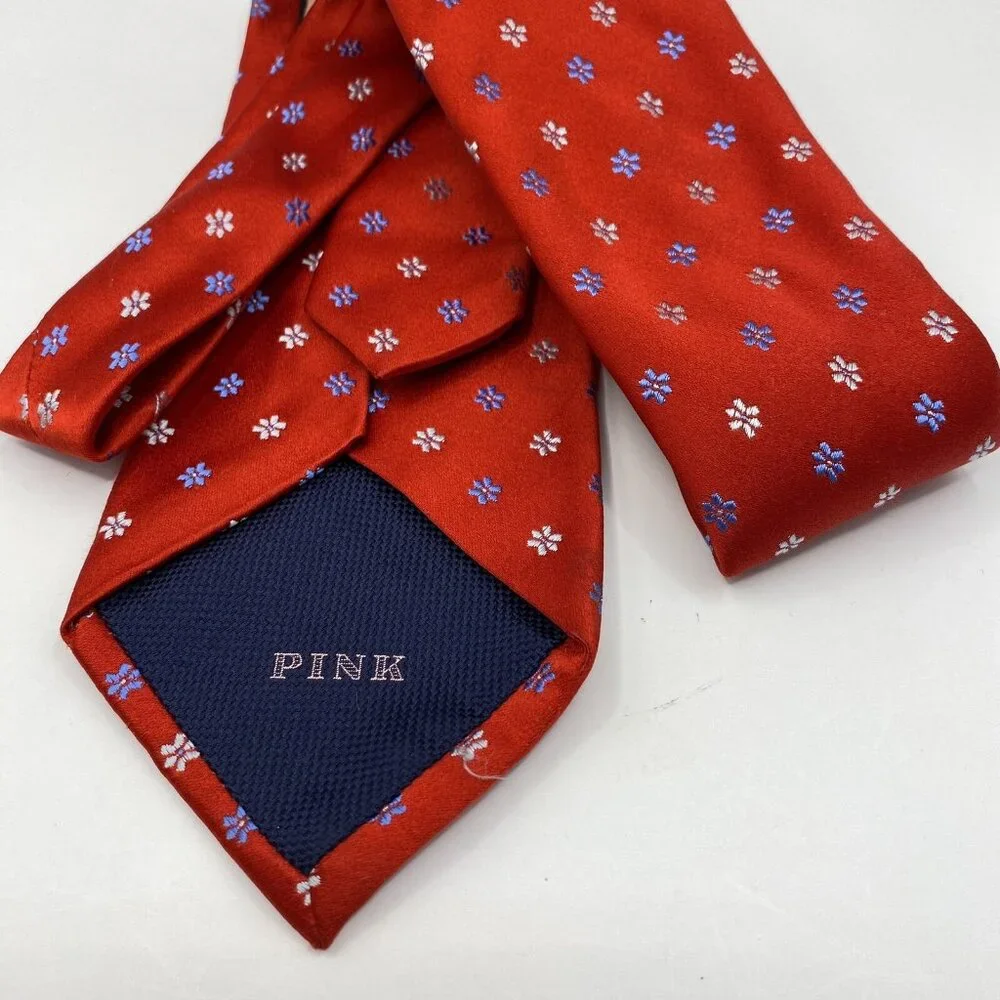 Thomas PINK red power‎ boss necktie blue white flowers silk tie elegant France